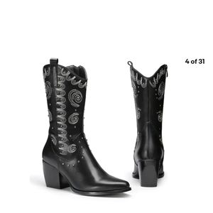 Women Cowboy Boots Cuban heel Pointed Toe Zip Up Pull On Mid Calf Boots 6.5